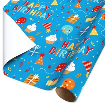 American Greetings Birthday Celebration Blue Wrapping Paper, 20 sq. ft., 96" x 30"
