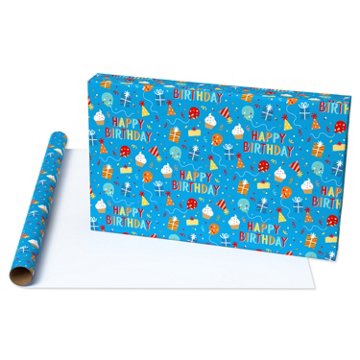 American Greetings Birthday Celebration Blue Wrapping Paper, 20 sq. ft., 96" x 30"