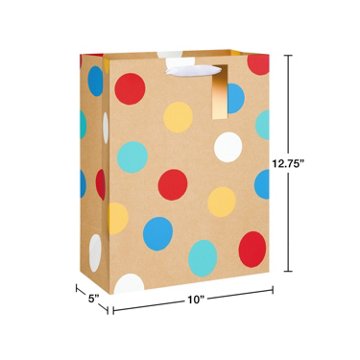American Greetings Multi-colored Dots Large Kraft Gift Bag with Hang Tag, 5" x 12.75" x 10"