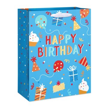 American Greetings Birthday Icons Large Blue Birthday Gift Bag, 5" x 12.75" x 10"
