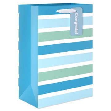 American Greetings Blue Stripes Baby Shower Medium Gift Bag with Hang Tag, 3.94" x 10.03" x 7"