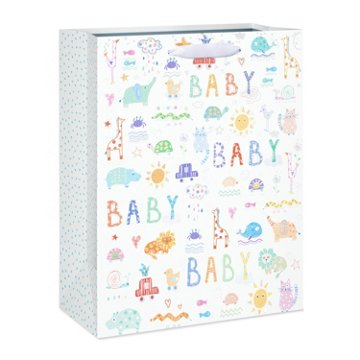 American Greetings  Zoo Animals Large White Baby Shower Gift Bag, 5" x 12.75" x 10"