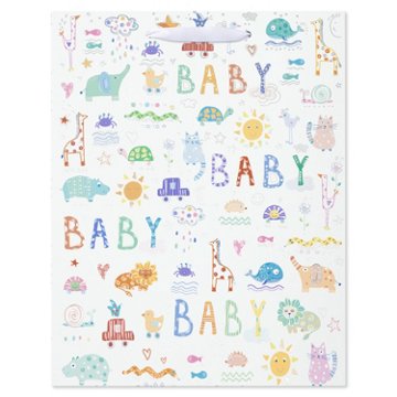 American Greetings  Zoo Animals Large White Baby Shower Gift Bag, 5" x 12.75" x 10"