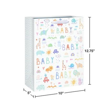 American Greetings  Zoo Animals Large White Baby Shower Gift Bag, 5" x 12.75" x 10"