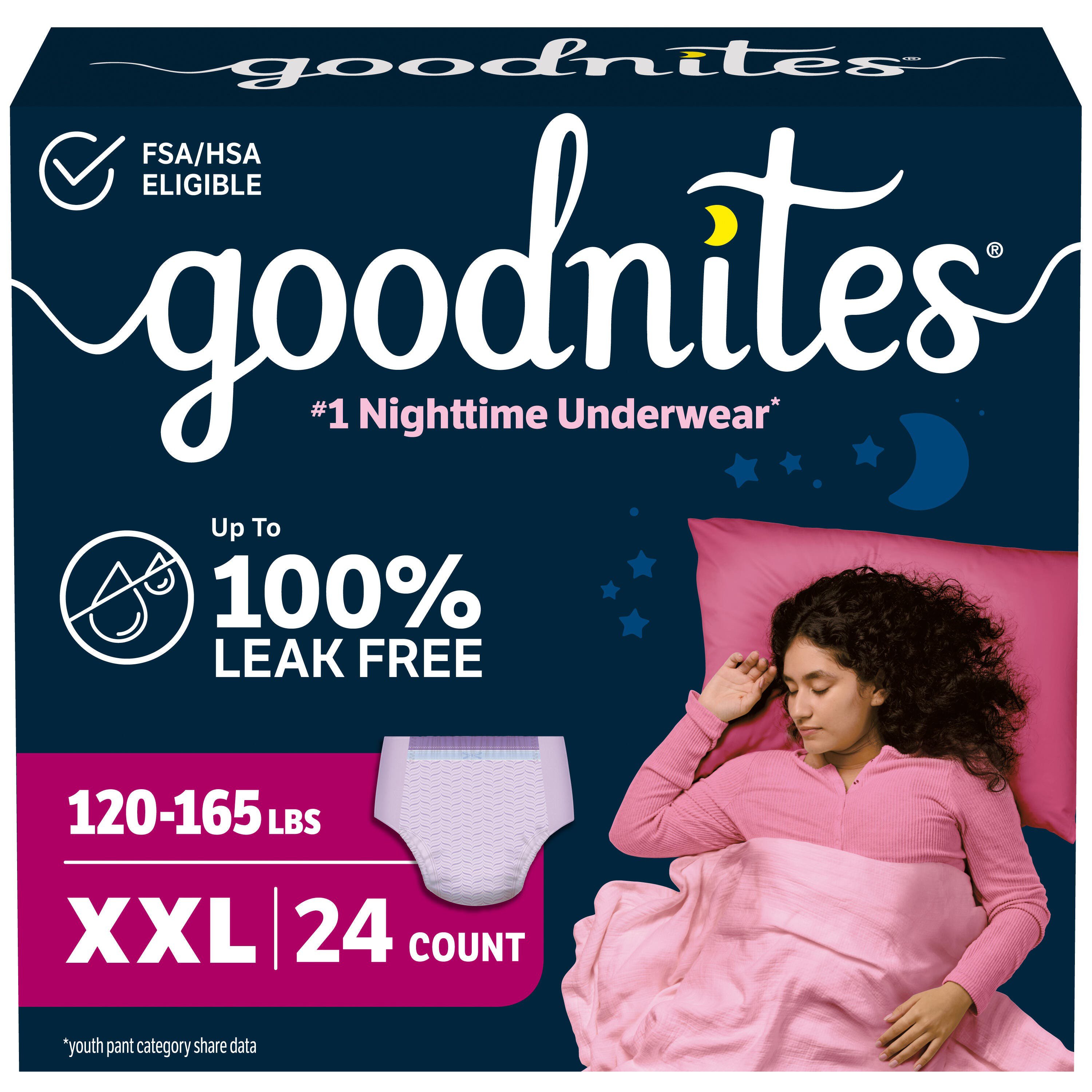 Goodnites Girls' Nighttime Bedwetting Underwear, Size XXL (120-165
