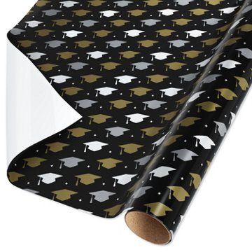 American Greetings Graduation Wrapping Paper Roll - Gold & Silver Caps on Black, 20 sq. ft., 96'' x 30''