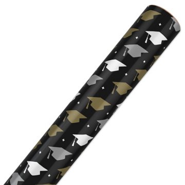 American Greetings Graduation Wrapping Paper Roll - Gold & Silver Caps on Black, 20 sq. ft., 96'' x 30''