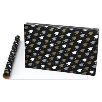 American Greetings Graduation Wrapping Paper Roll - Gold & Silver Caps on Black, 20 sq. ft., 96'' x 30''