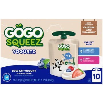 GoGo squeeZ yogurtZ Low Fat Blueberry & Berry Yogurt Snack Pouches, 10 ct