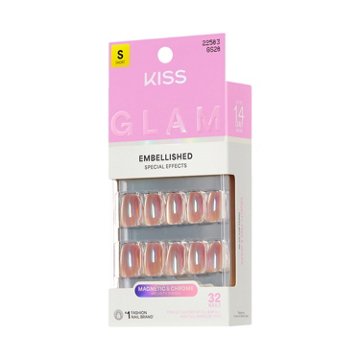 KISS GLAM Embellished Special Effects Nails - Golden Hour Affairs (Pink Squoval Short Nails), 32 ct