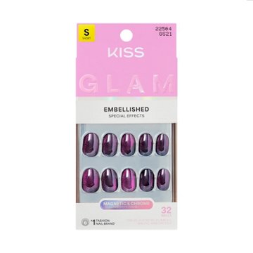 KISS GLAM Embellished Special Effects Nails - Simple Joys (Purple Round Short Nails), 32 ct