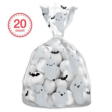 American Greetings Small Halloween Cellophane Treat Bags - Smiling Ghosts & Bats, 20 ct