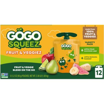 GoGo squeeZ Fruit & VeggieZ No Sugar Added Apple Banana Pear Parsnip Zucchini & Lime Variety Pouches, 12 ct