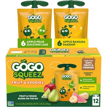 GoGo squeeZ Fruit & VeggieZ No Sugar Added Apple Banana Pear Parsnip Zucchini & Lime Variety Pouches, 12 ct