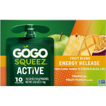 GoGo squeeZ Active Energy No Sugar Added Tropical Fruit Blend Pouches, 10 ct