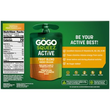 GoGo squeeZ Active Energy No Sugar Added Tropical Fruit Blend Pouches, 10 ct