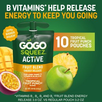 GoGo squeeZ Active Energy No Sugar Added Tropical Fruit Blend Pouches, 10 ct