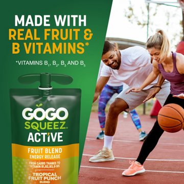 GoGo squeeZ Active Energy No Sugar Added Tropical Fruit Blend Pouches, 10 ct