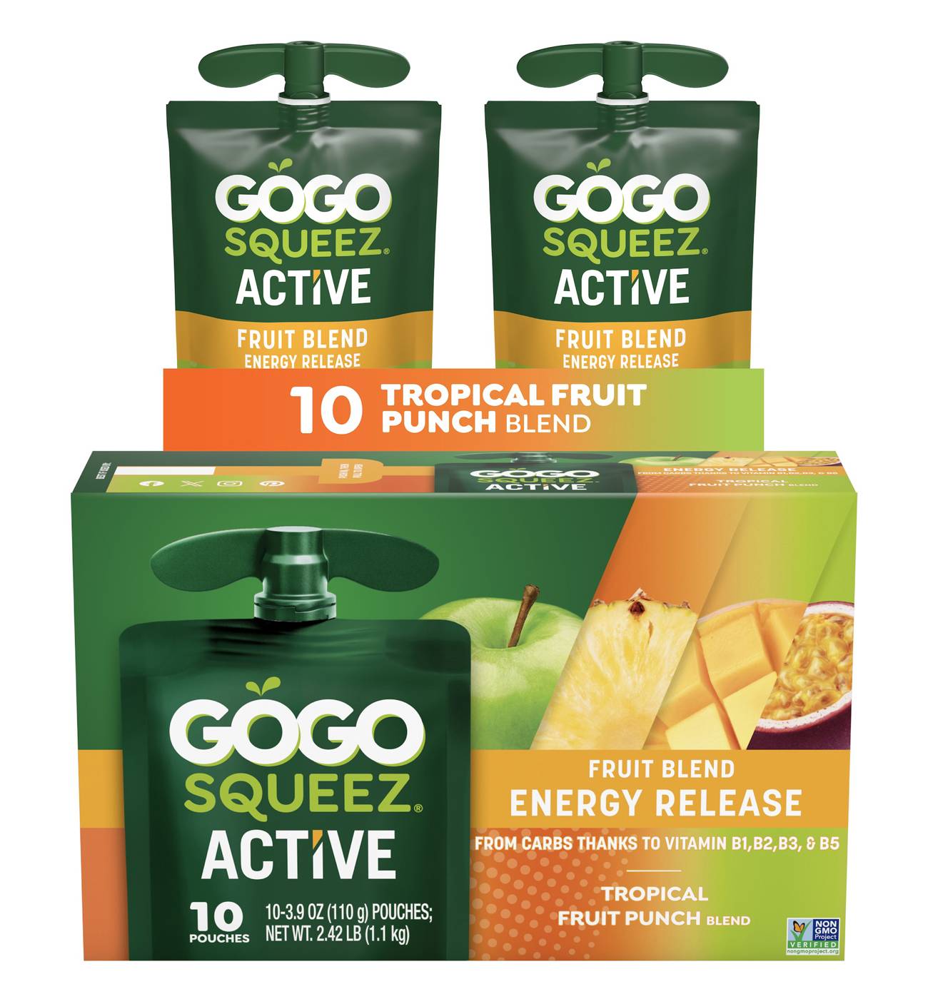 GoGo squeeZ Active Energy No Sugar Added Tropical Fruit Blend Pouches; image 7 of 8