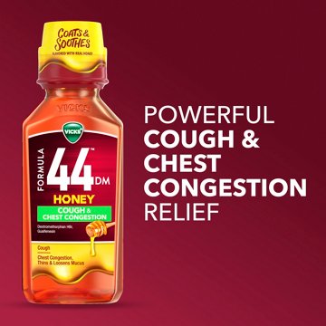Vicks Formula 44 DM Cough & Congestion Liquid, Over-the-Counter Medicine, Powerful Daytime & Nighttime Relief, Honey Flavor
