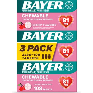 Bayer Aspirin Low Dosage 81 mg Pain Relief Chewable Tablets - Cherry, 3 pk