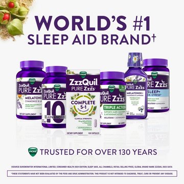 Vicks ZzzQuil PURE Zzzs Complete Sleep, Melatonin Sleep Aid with Ashwagandha & Magnesium, 42 ct