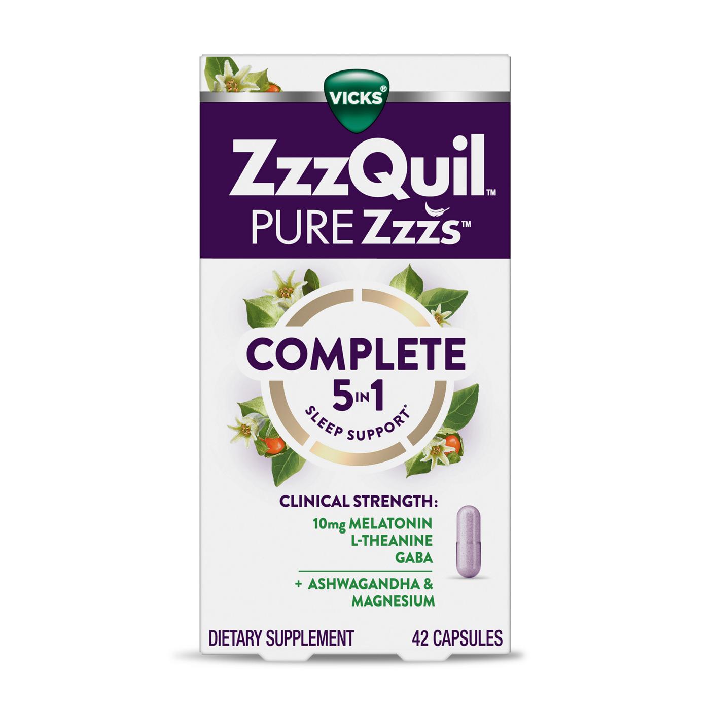Vicks ZzzQuil PURE Zzzs Complete Sleep, Melatonin Sleep Aid with Ashwagandha & Magnesium; image 5 of 5