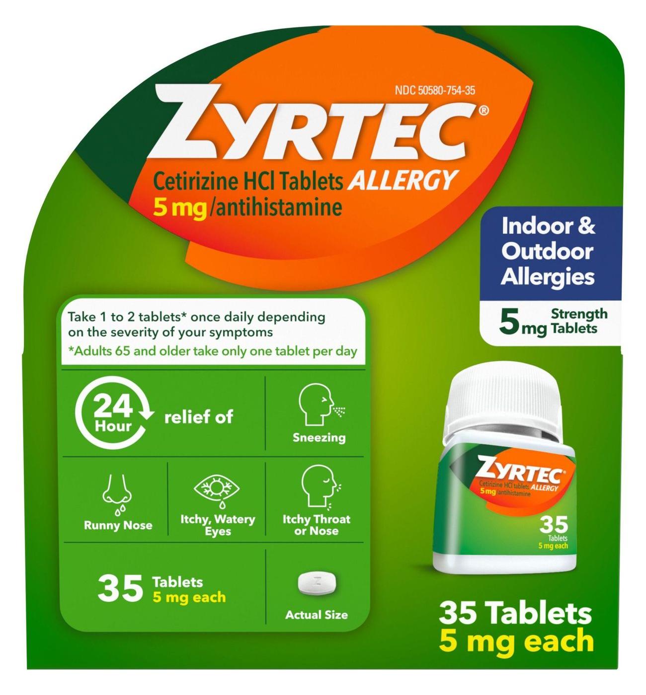 Zyrtec Indoor & Outdoor Allergy Relief 5 mg Antihistamine Tablets; image 1 of 8
