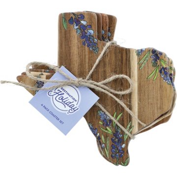 Destination Holiday Bluebonnet Texas Acacia Coaster Set, 4 pk, 5''