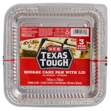 H-E-B Texas Tough 3 pk Square Foil Cake Pans & Lids, 8" x 8"