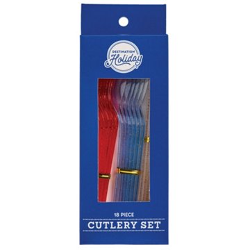 Destination Holiday Red, White & Blue Glitter Plastic Cutlery Set, 18 pc
