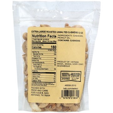H-E-B Extra Large Roasted Unsalted Cashews, 12 oz