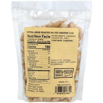 H-E-B Extra Large Roasted Salted Cashews, 12 oz