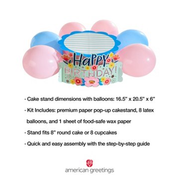American Greetings Floral Birthday Pop-up Cake Stand Kit with Balloons, 16.5" x 20.5" x 6"