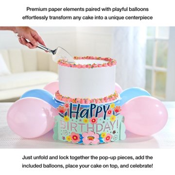 American Greetings Floral Birthday Pop-up Cake Stand Kit with Balloons, 16.5" x 20.5" x 6"