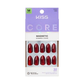 KISS CORE Magnetic Shimmer Press-On Manicure Nails - Apple Blossom (Red Almond Medium Nails), 30 ct