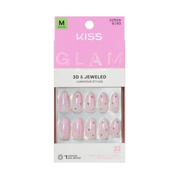 KISS GLAM 3D Jeweled Nails  - Brezee of Bliss (White Almond Medium Nails), 32 ct