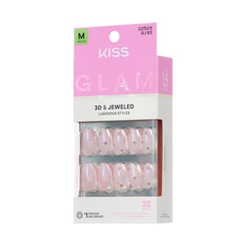 KISS GLAM 3D Jeweled Nails  - Brezee of Bliss (White Almond Medium Nails), 32 ct