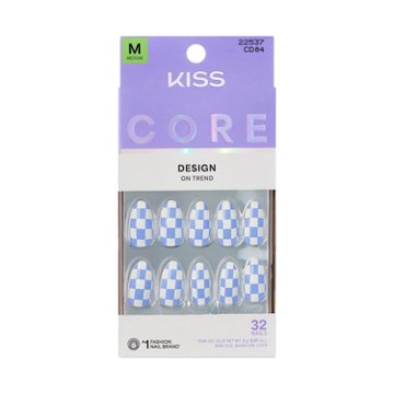 KISS CORE Design On Trend Nail - Credit (Blue & White Almond Medium Nails), 32 ct