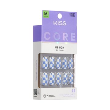 KISS CORE Design On Trend Nail - Credit (Blue & White Almond Medium Nails), 32 ct