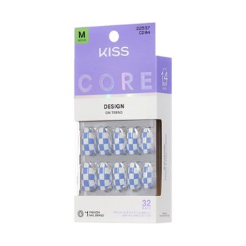 KISS CORE Design On Trend Nail - Credit (Blue & White Almond Medium Nails), 32 ct