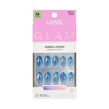 KISS GLAM Embellished Special Effects - Glow Forever (Blue Almond Medium Nails), 32 ct