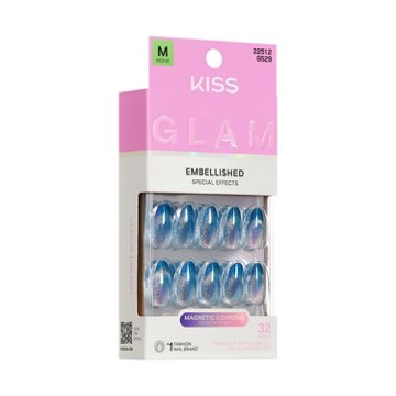 KISS GLAM Embellished Special Effects - Glow Forever (Blue Almond Medium Nails), 32 ct
