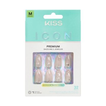KISS ICON Premium Dazzling & Jeweled Nails - Terrific (White Almond Medium Nails), 32 ct