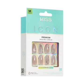 KISS ICON Premium Dazzling & Jeweled Nails - Terrific (White Almond Medium Nails), 32 ct