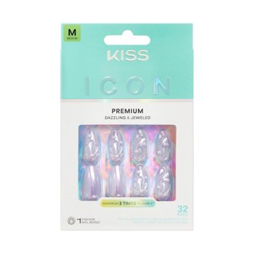 KISS ICON Premium  Dazzling & Jeweled Nails - Remarkable (Pink Almond Medium Nails), 32 ct