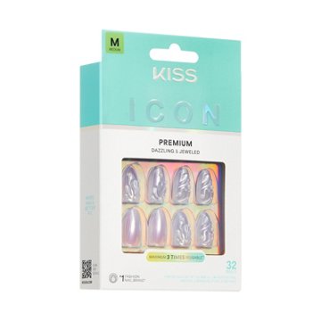 KISS ICON Premium  Dazzling & Jeweled Nails - Remarkable (Pink Almond Medium Nails), 32 ct