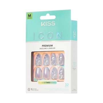 KISS ICON Premium  Dazzling & Jeweled Nails - Remarkable (Pink Almond Medium Nails), 32 ct