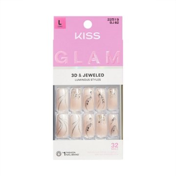 KISS GLAM 3D & Jeweled Nails - Wrapped in Beauty (White Square Long Nails), 32 ct