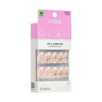 KISS GLAM 3D & Jeweled Nails - Zephyr (White & Gold Almond Medium Nails), 32 ct